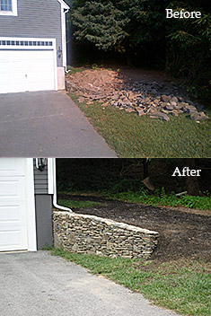 Stone wall construction before and after in Marshfield MA